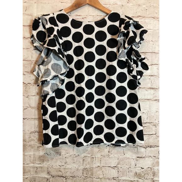 Who What Wear Top Womens Medium Linen Black White Polka Dot Button Back Ruffles - Picture 1 of 14
